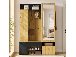 Meubles d'entrée avec miroir, penderie, porte-manteaux et rangement chaussures en mdf noir naturel 127 × 35 × 180,5 cm