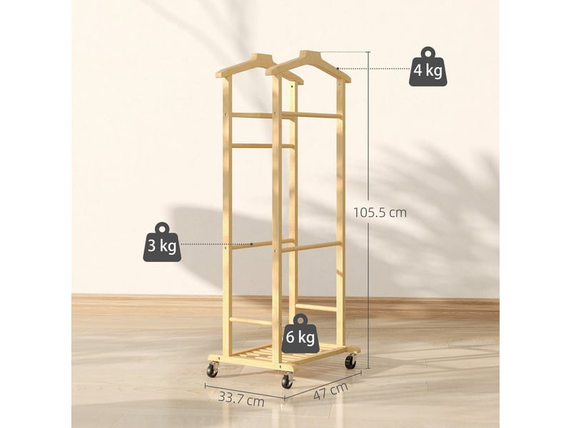  Valet de chambre 4 en 1 en bambou avec roulettes, 2 barres, plateau vide et étagère à chaussures, 47 x 33,7 x 105,5 cm  - Conforama E