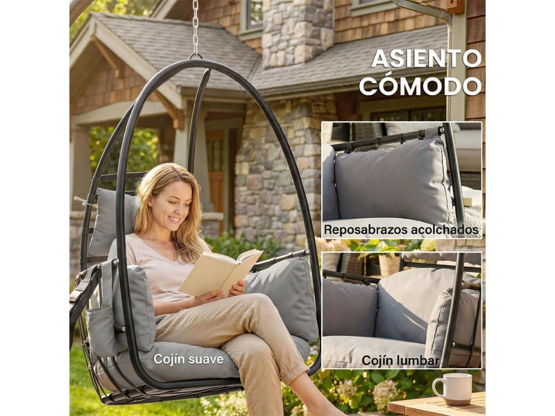Fauteuil suspendu œuf avec support panier pliable, coussin appui-tête, poche latérale, capacité de charge 120 kg, gris foncé - Conforama E