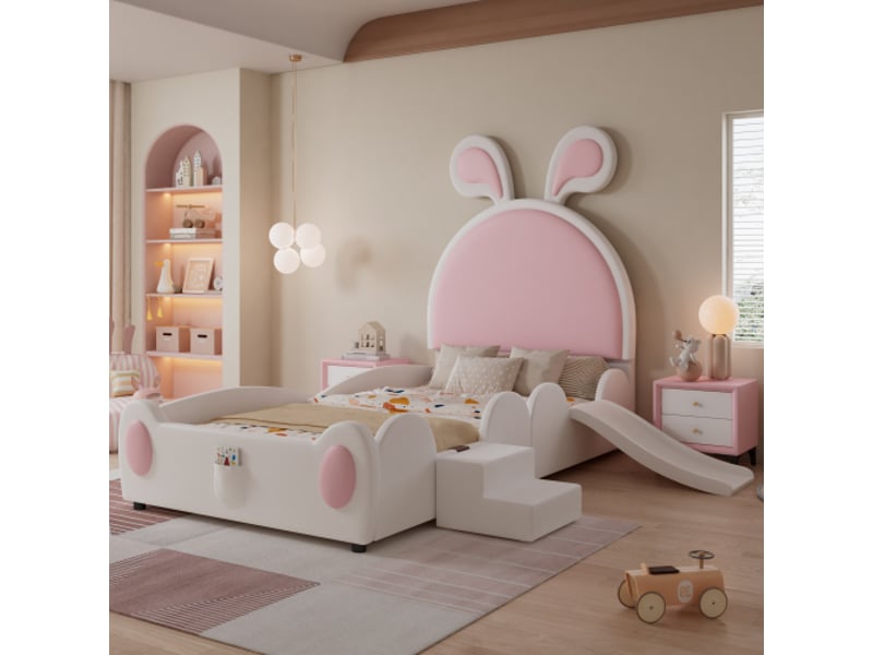  Lit enfant 90x200 cm, lit simple avec petit escalier, toboggan et sommier à lattes en bois, en pu,blanc et rose, sans matelas  - Conforama C