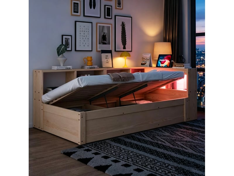  Lit simple 90x200 cm avec rangement hydraulique en bois, coloris naturel  - Conforama C