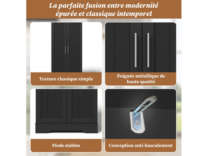  Armoire rangement 60x40x120 cm, buffet de cuisine, meuble salon chambre avec led capteur, portes motif 3d, mdf, noir  - Conforama E
