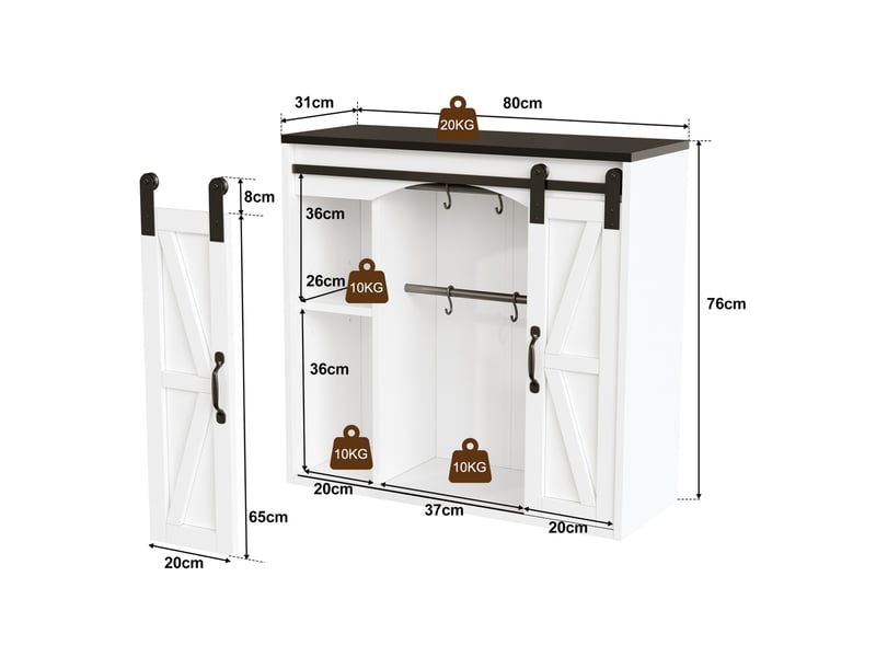  Meuble haut de cuisine mural 80x31x76 cm à 2 portes coulissantes, mdf blanc  - Conforama E