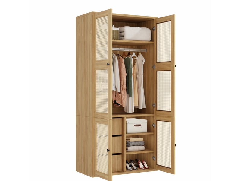 Armoire 2 portes en mdf bois clair et paille, 3 tiroirs, 4 compartiments, avec penderie pour la chambre - Conforama A