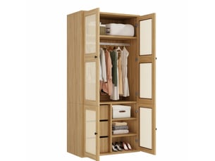 Armoire 2 portes en mdf bois clair et paille, 3 tiroirs, 4 compartiments, avec penderie pour la chambre