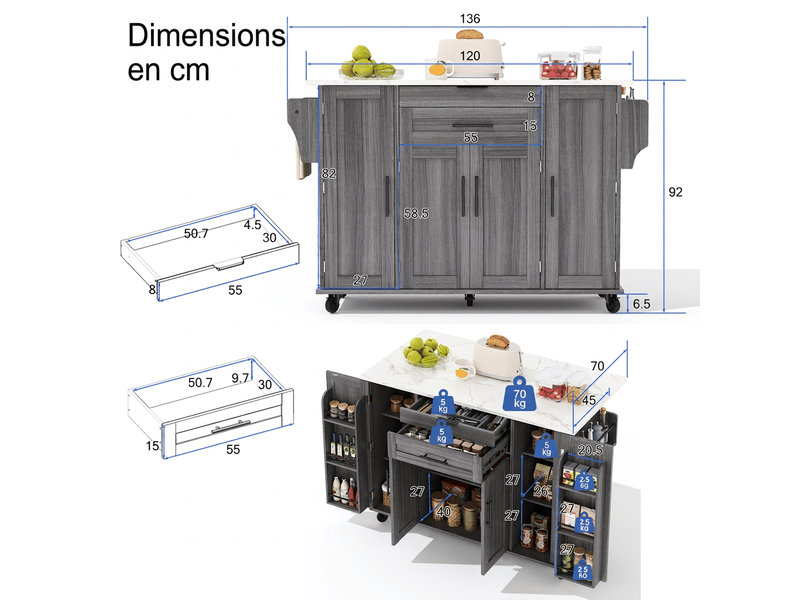  Îlot de cuisine mobile, desserte de cuisine sur roulettes, plan extensible 136cm  - Conforama E