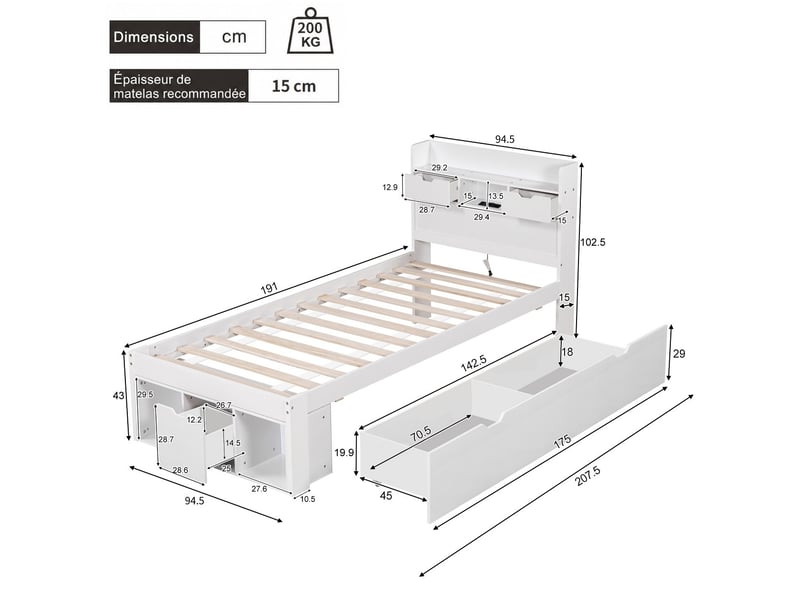  Lit simple multifonction 90x190 cm blanc avec armoire de rangement, tiroirs, port usb et type-c, sommier à lattes  - Conforama C