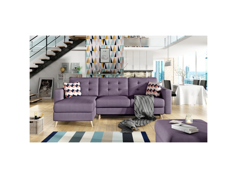  Canapé d'angle convertible hasgard 3 places violet 248x162 cm – coffre et pieds bois  - Conforama B