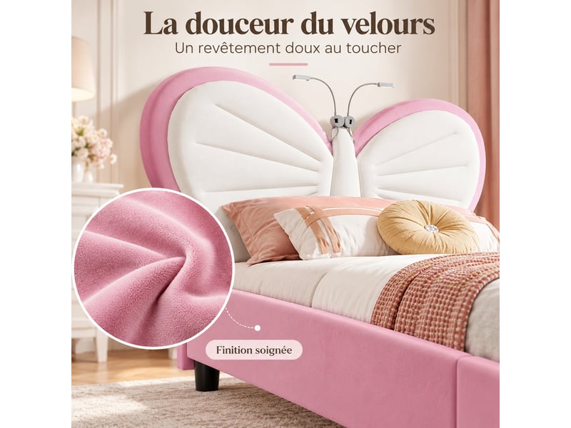  Lit enfant 90x190 cm en velours, lit simple rembourré avec liseuses intégrées, lit princesse papillon pour fille avec sommier à lattes, tête de lit réglable en hauteur, rose  - Conforama R