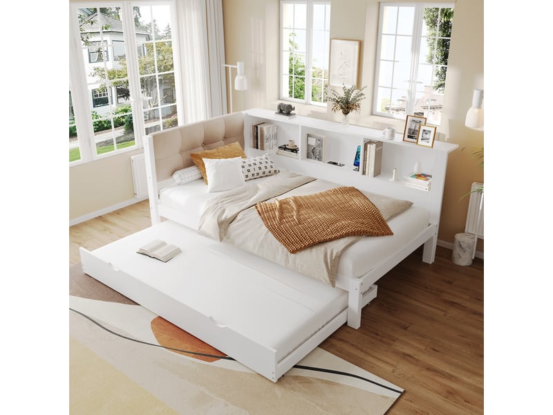  Canapé-lit 90x200 cm avec lit gigogne, lit simple avec bande lumineuse led et ports usb, lit enfant en pin, blanc  - Conforama C