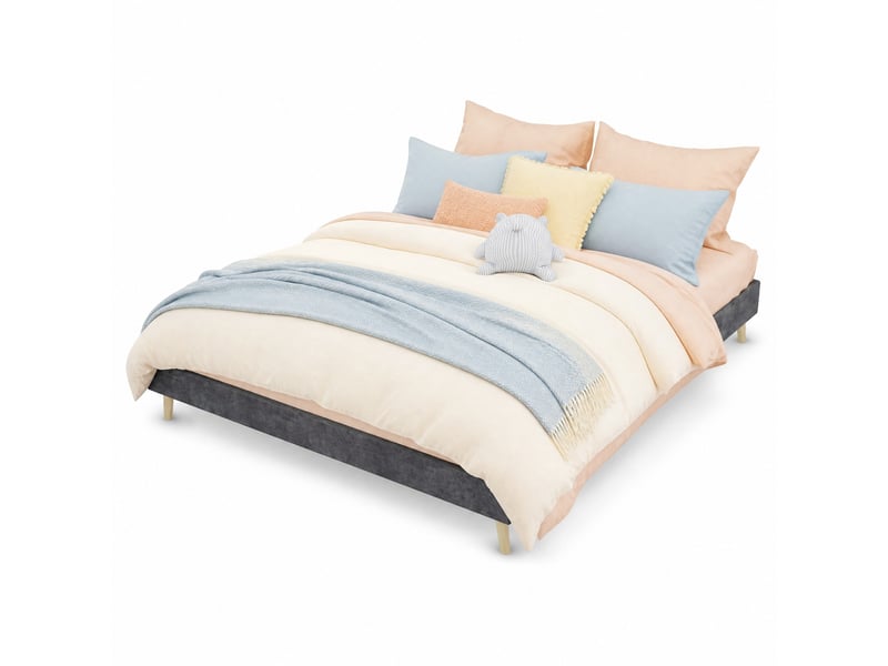  Cadre de lit double 160x200 cm, sommier à lattes, pieds inclus, sans tête de lit, velours et métal gris, sans matelas  - Conforama A