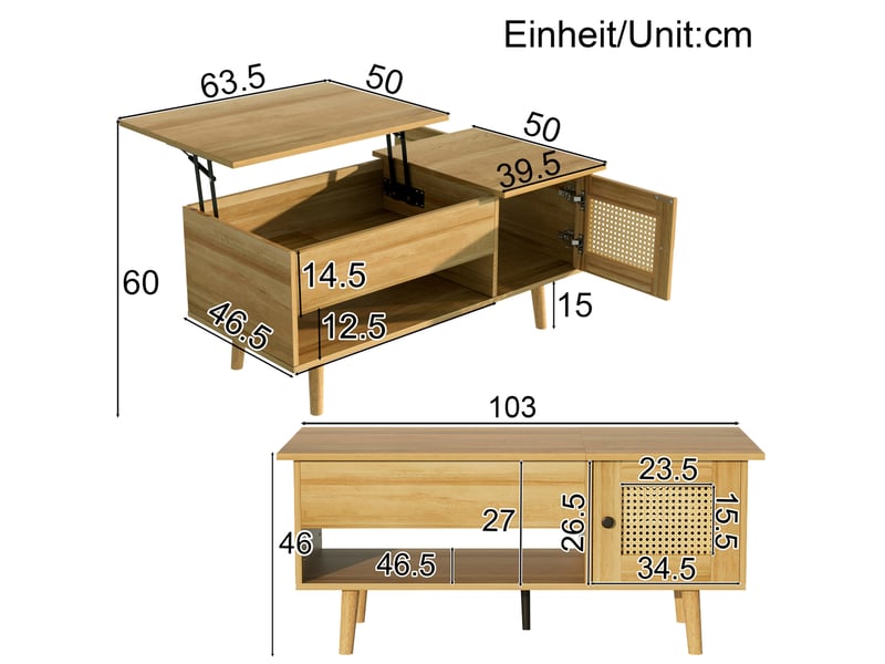  Table basse 103x50x46 cm à plateau relevable en panneaux de particules coloris naturel et noir  - Conforama E