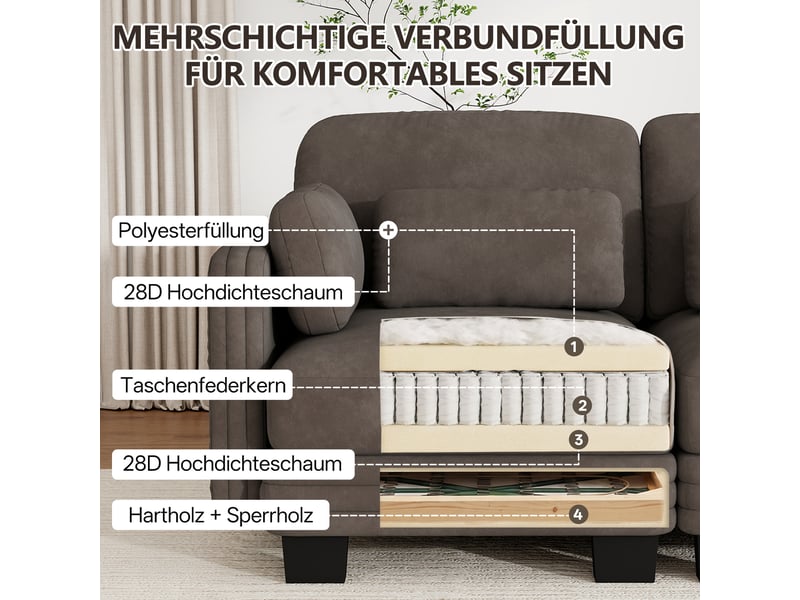 Canapé d'angle modulable - 3 places - forme l - 1 ottoman - coussins d'accoudoirs - assise profonde - tissu chenille - brun CozyNest - Conforama E