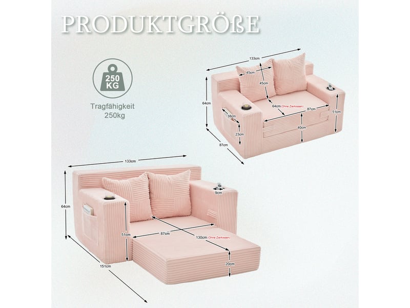  Canapé droit convertible 2 places, en velours côtelé, 2 coussins, porte-gobelet et poches latérales, 151 × 133 × 64 cm, rose YXY-0915-3 - Conforama C