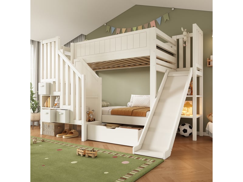  Lit superposé enfant 90x200 cm - toboggan - échelle avec rangements - tiroirs et étagères - bois - blanc  - Conforama E