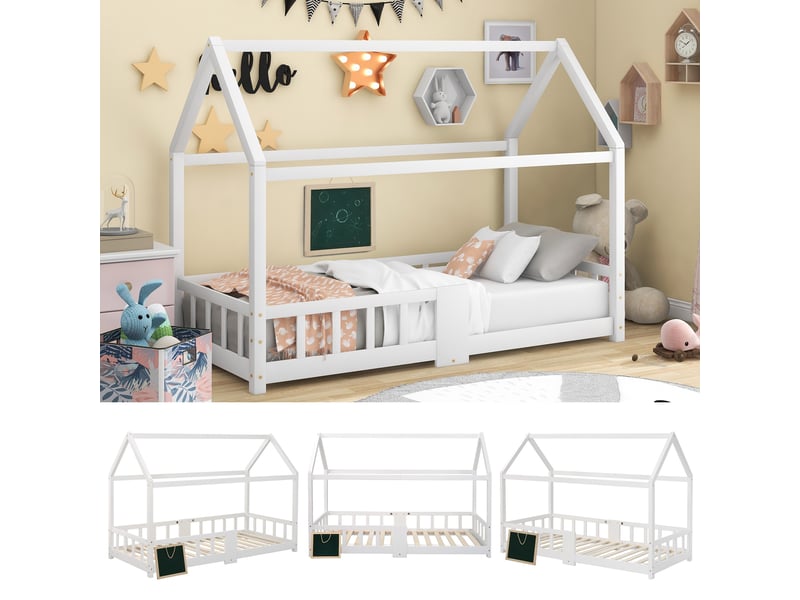  Lit cabane enfant 90 x 200 cm en pin massif avec tableau, barrières et sommier 15 lattes, blanc WF197916AAW - Conforama D