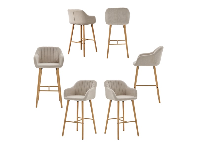  Lot de 6 chaises de bar, siège 75 cm de haut, avec accoudoirs et repose-pieds, pieds en bois massif, beige  - Conforama A