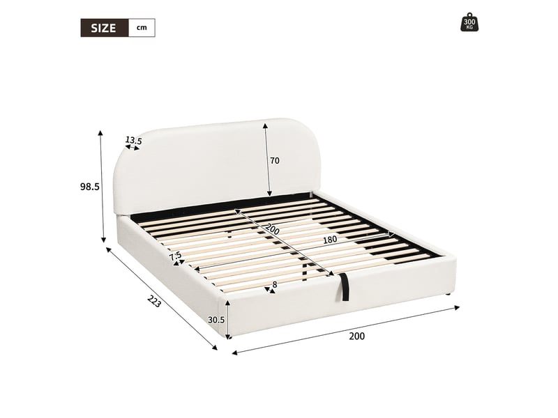  Lit double 180x200 cm avec coffre hydraulique, espace de rangement et tête de lit capitonnée, bouclé beige  - Conforama C
