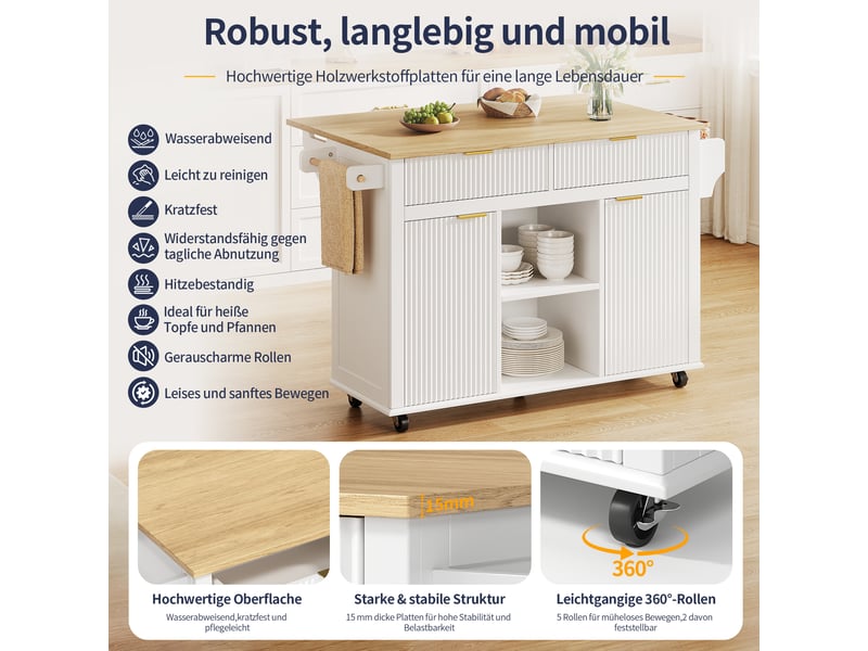 Îlot de cuisine mobile blanc et bois naturel en mdf, plateau rabattable, 2 tiroirs et 2 portes, range-épices, 120 × 45 cm - Conforama D