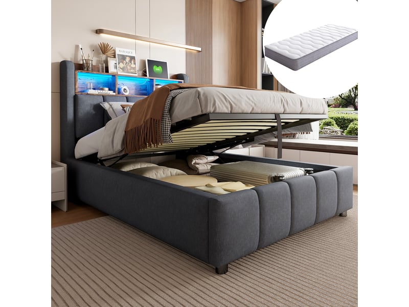  Lit coffre simple 90×200 cm avec led réglable, usb et port type-c - okmyhome- gris, matelas inclus  - Conforama B