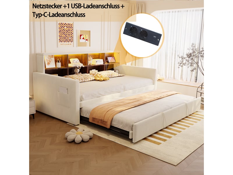 Lit canapé velours beige 90x190 cm avec lit gigogne, rangements, led et usb - Conforama D