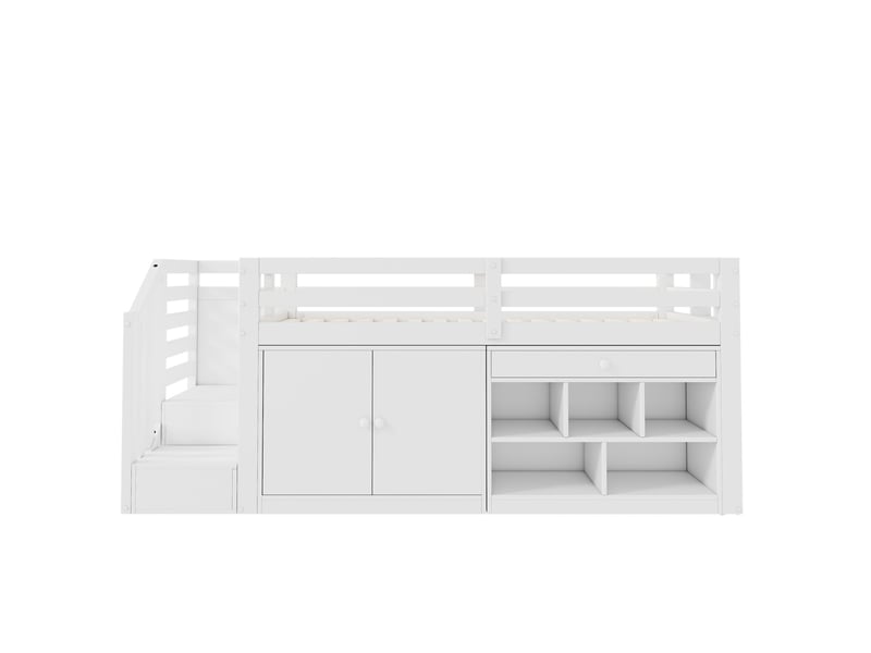  Lit enfant multifonctionnel 90x200 cm rangement tiroirs convertibles escalier réversible bois blanc sans matelas  - Conforama A