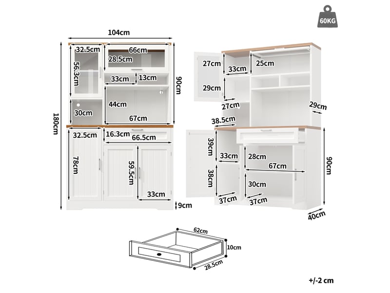  Buffet haut 104x40x180 cm avec vitrine led - armoire de cuisine moderne blanc et noir  - Conforama E