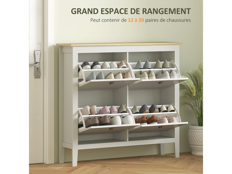  Meuble à chaussures 20 paires avec 4 tiroirs, portes rabattables, étagères amovibles et réglables, blanc  - Conforama E