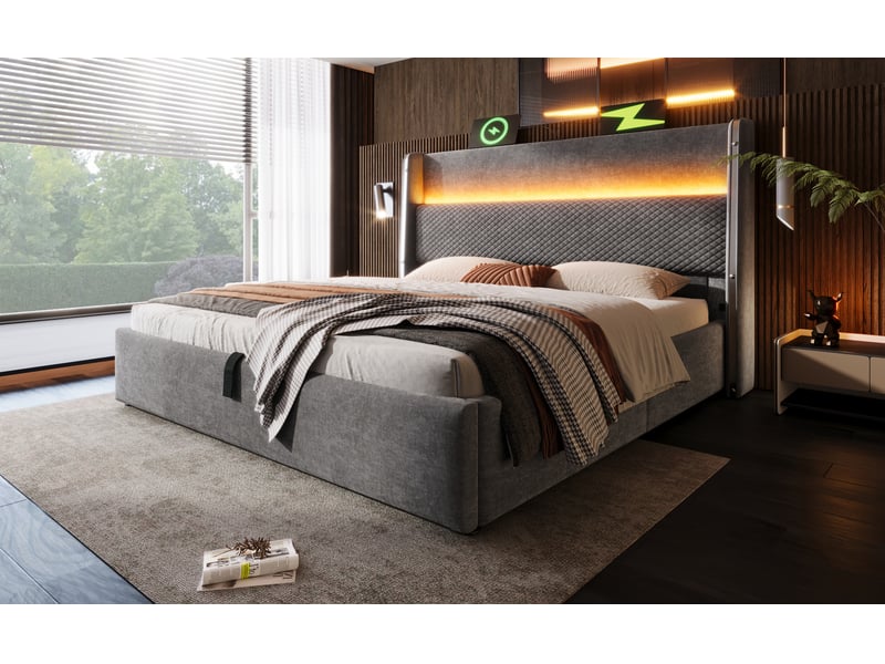  Lit coffre 140x200 cm en lin gris avec tête de lit haute, led, rangements intégrés, ports usb-c et matelas inclus  - Conforama E