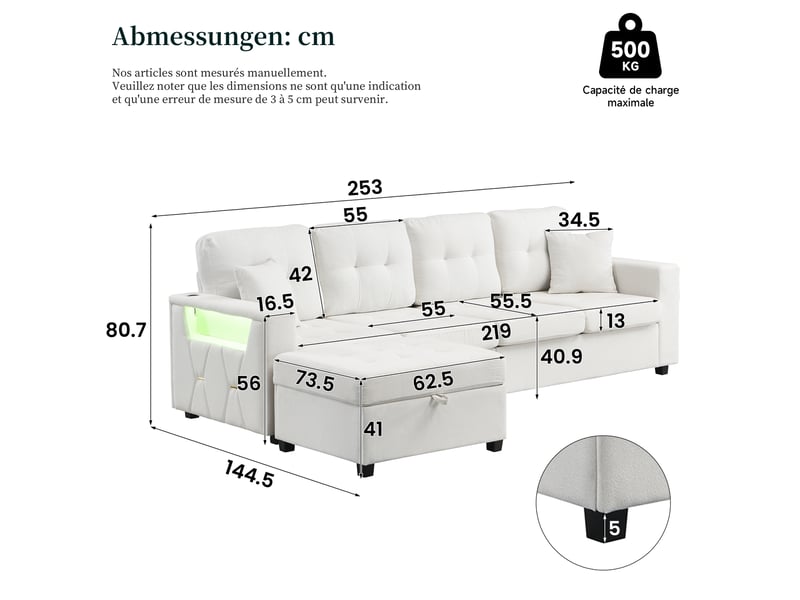 Canapé d'angle modulable modenvie 4 places avec pouf coffre mobile, rangements, éclairage led, ports usb et type-c, tissu beige - Conforama C