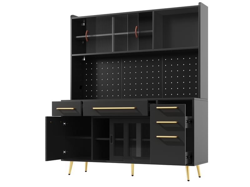 Buffet haut led avec pegboard, 2 tiroirs et portes coulissantes, 145x39x171 cm, mdfverre, noir  - Conforama D