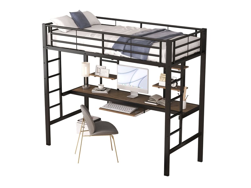  Lit mezzanine noir 90x200cm avec escalier rangement, 2 bibliothèques, bureau et étagères, gain de place - fer - pour enfant ado  - Conforama A
