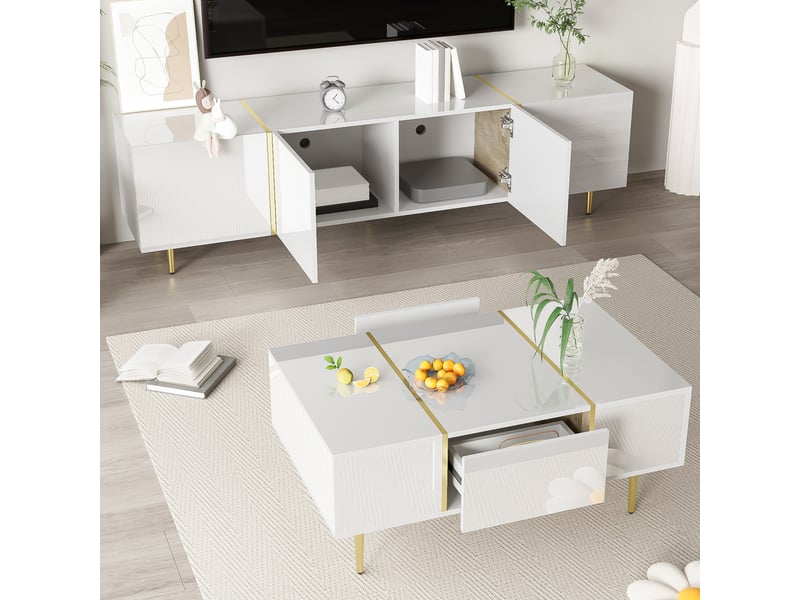  Ensemble meuble tv 170x35x46 cm et table basse 100x60x41,5 cm, 4 portes, 2 tiroirs, mdf blanc brillant  - Conforama E