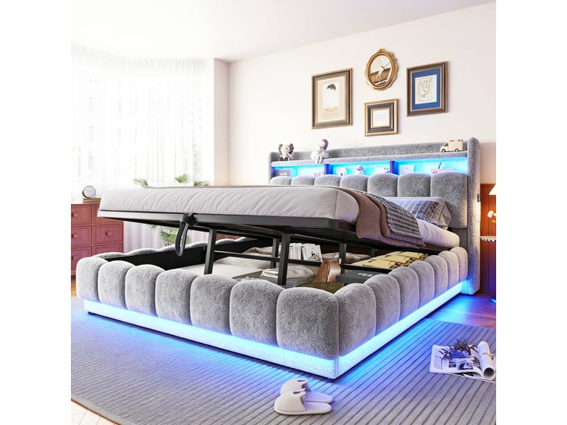  Lit coffre 180x200 cm, lit double, sommier à lattes, rangement hydraulique, led, métal gris, port usb  - Conforama A