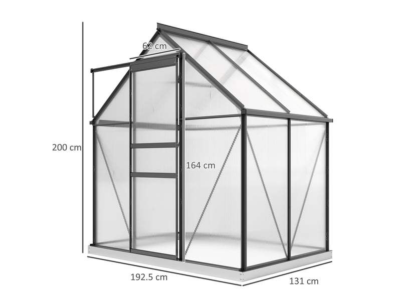  Serre en polycarbonate et aluminium avec porte à charnières et fenêtre de toit, 192,5 x 131 x 200 cm, grise  - Conforama E