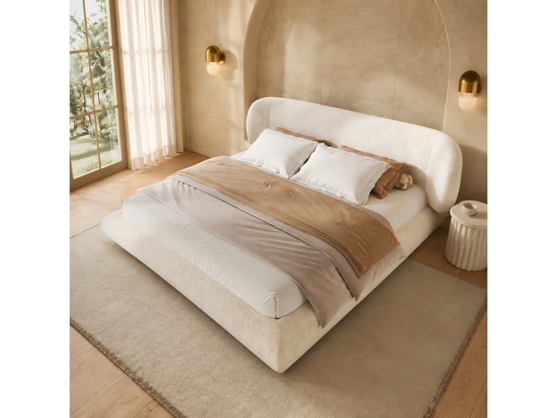 Lit 2 places 140x190 cm, tête de lit rembourrée, sommier à lattes, coins arrondis, cadre rembourré, chenille pour chambre - beige - Conforama E