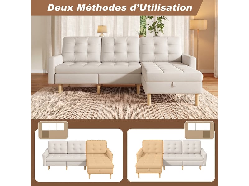  Canapé d'angle beige 3 places avec rangement 212x130cm - méridienne réversible tissu  - Conforama R