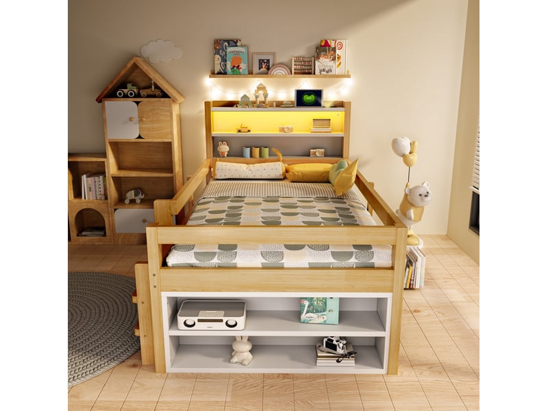  Lit enfant 90x200 cm avec rangements, portes coulissantes, led, usb, barrières, bois, bois naturel sans matelas  - Conforama D