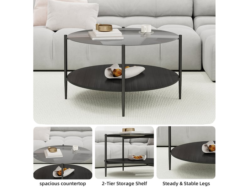  Table basse ronde à 2 niveaux – verre trempé fumé noir et bois – ø 82 x h 45 cm  - Conforama E