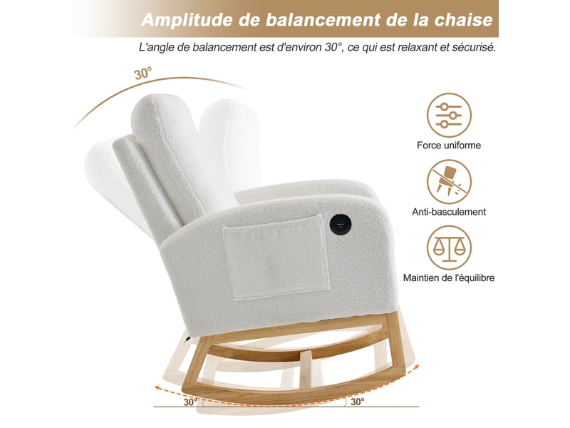  Fauteuil à bascule bouclette blanc avec repose-pieds et port usb, structure en bois massif, 66,5x121,5x102 cm  - Conforama R