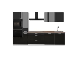 Vicco cuisine, noir haute brillanceblanc, 310cm plan de travail chêne doré