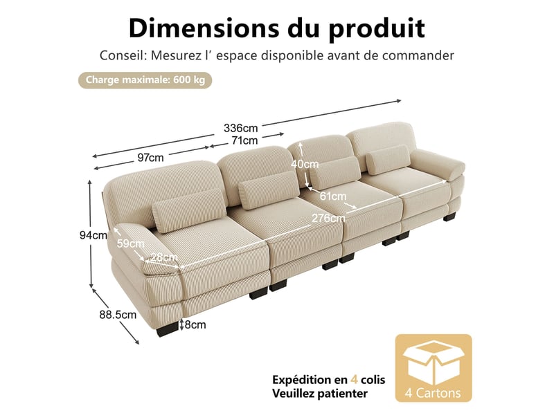 Canapé droit modulable 336 cm 4 places, design carré épuré, base et accoudoirs à matelassage en canaux, coussin lombaire, velours côtelé, beige - Conforama D