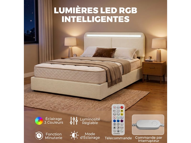 Lit coffre 160x200 avec rangement, tête de lit led rgb, lit double rembourré en velours crème - Conforama W