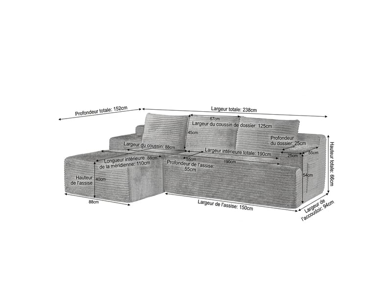  Canapé d'angle en l 4 places velours côtelé gris foncé assise profonde  - Conforama E