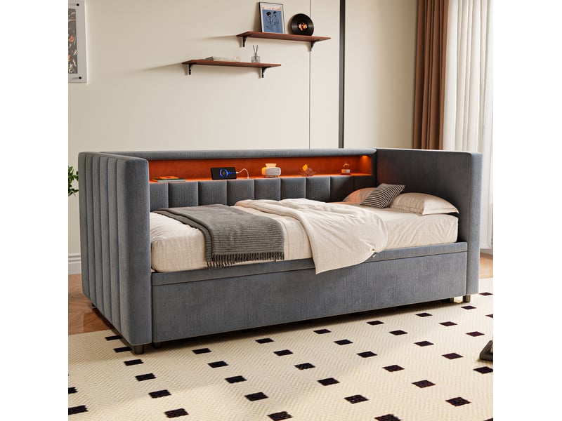  Modenvie banquette-lit gigogne 90x190 cm - velours avec led et port usb-c, sans matelas - gris  - Conforama E