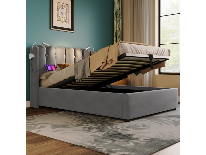  Modenvie lit coffre 90x200 cm - avec rangement, ports usb et liseuse - sans matelas, gris  - Conforama D