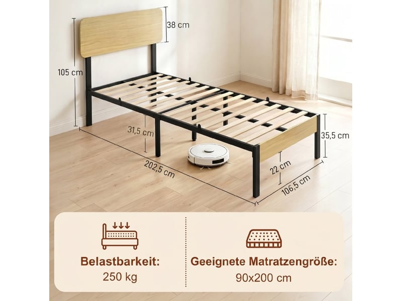  Lit cadre, 90x200 cm, espace sous le lit de 31, avec tête de lit, matelas non inclus, métal et bois, coloris naturel  - Conforama C