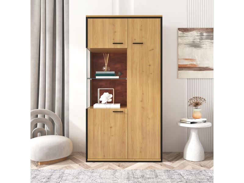  Vitrine 77,5x40x150 cm avec porte en verre, éclairage led multicolore, 3 étagères réglables, meuble de rangement et exposition - chêne  - Conforama D