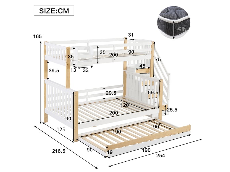 Lit superposé enfant 120x200 cm – blanc et naturel – 3 couchages, lit gigogne, escalier, sans matelas - Conforama C
