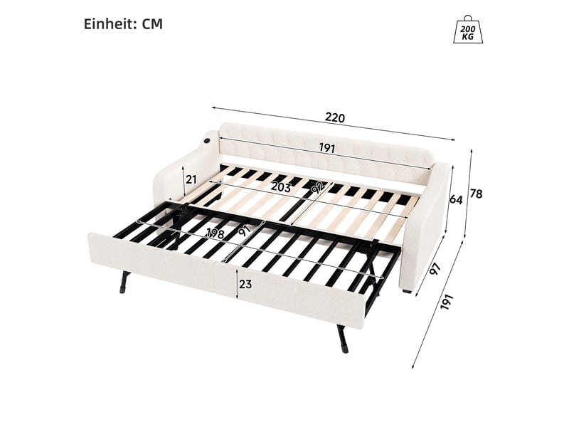  Lit banquette gigogne 90x200cm avec ports usb, revêtement en lin beige  - Conforama D